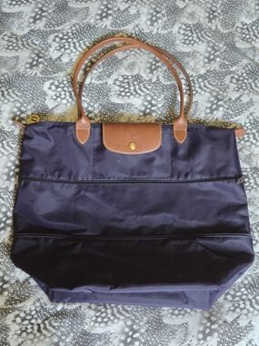 Longchamp Le Pliage Expandable Tote Bag - Dark Purple With Cognac Leather Trim